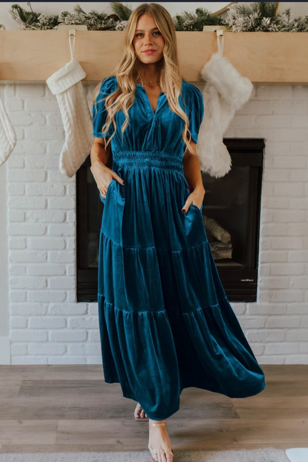 Teal Velvet Tiered Maxi Dress