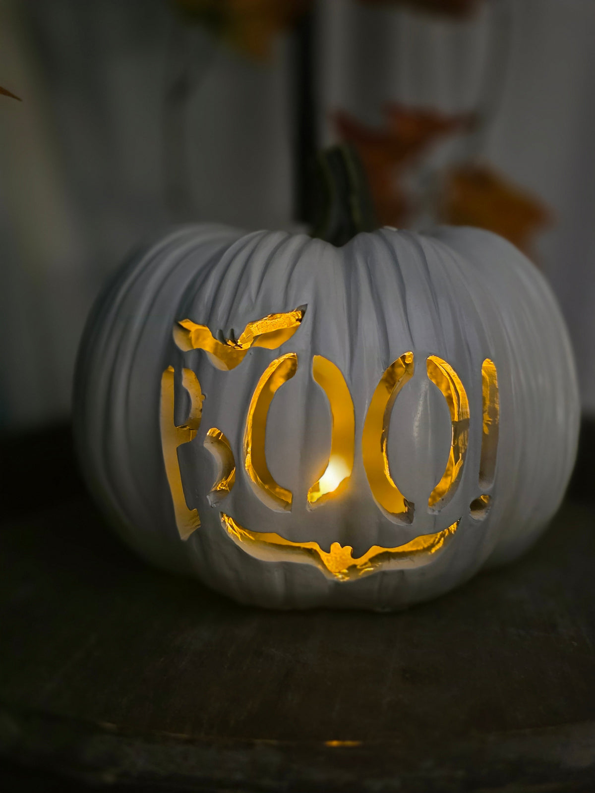 BOO! White Carved Pumpkin Decoration