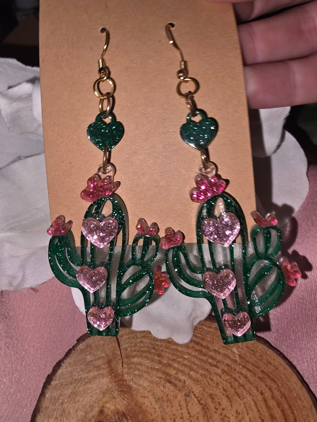 Glitter Cactus Heart Drop Earrings