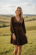 Brown Velvet Tiered Mini Dress