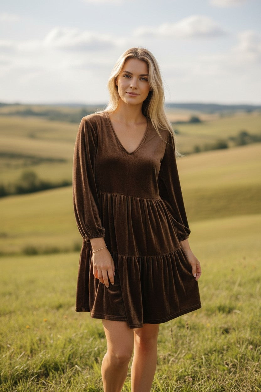 Brown Velvet Tiered Mini Dress