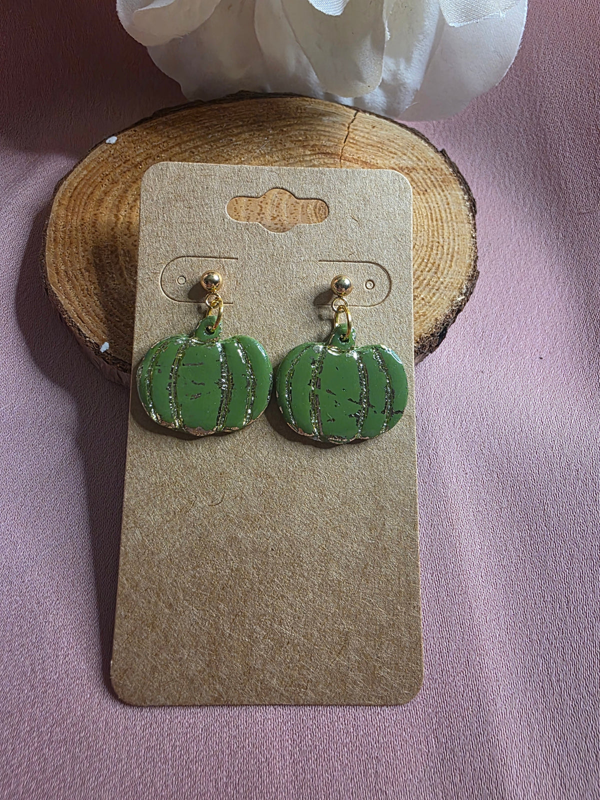 Clay Green Gold Foil Pumpkin Dangle Earrings