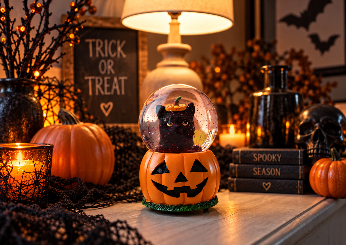 Halloween Musical Snow Globe - Black Cat in Jack-o-Lantern Pumpkin