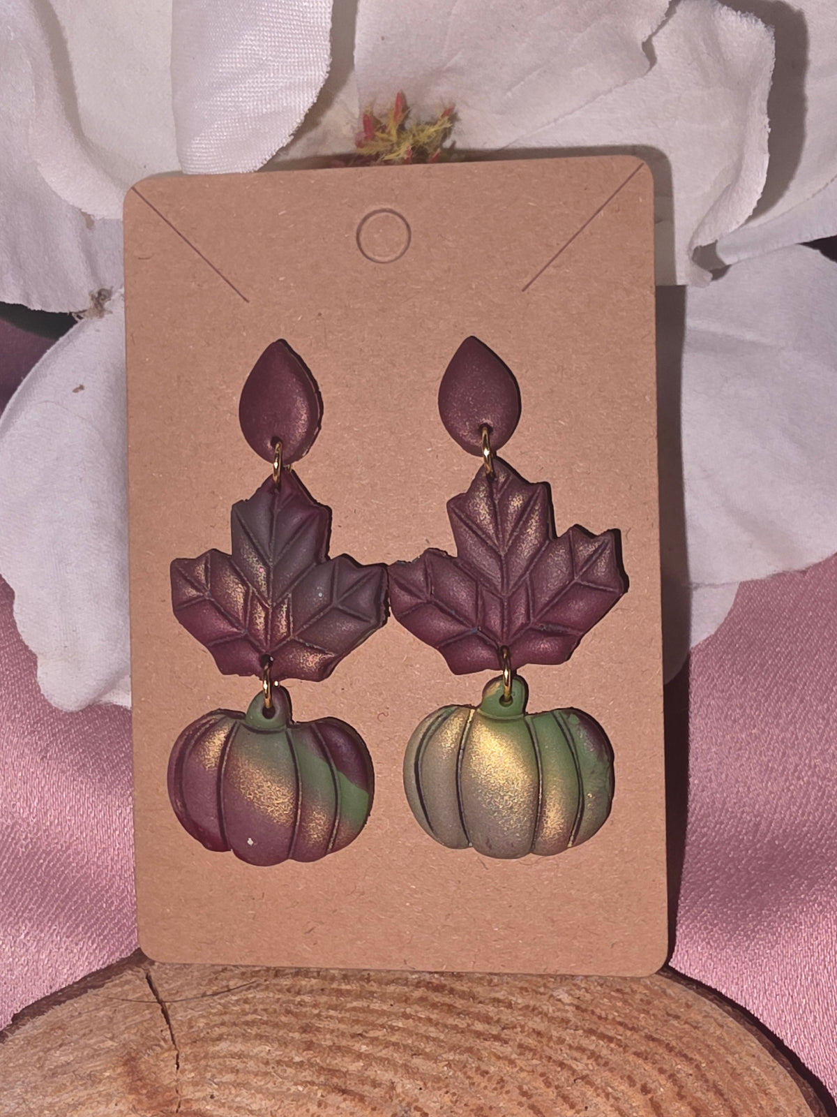 Handmade Clay Pumpkin & Maple Leaf Dangle Earrings
