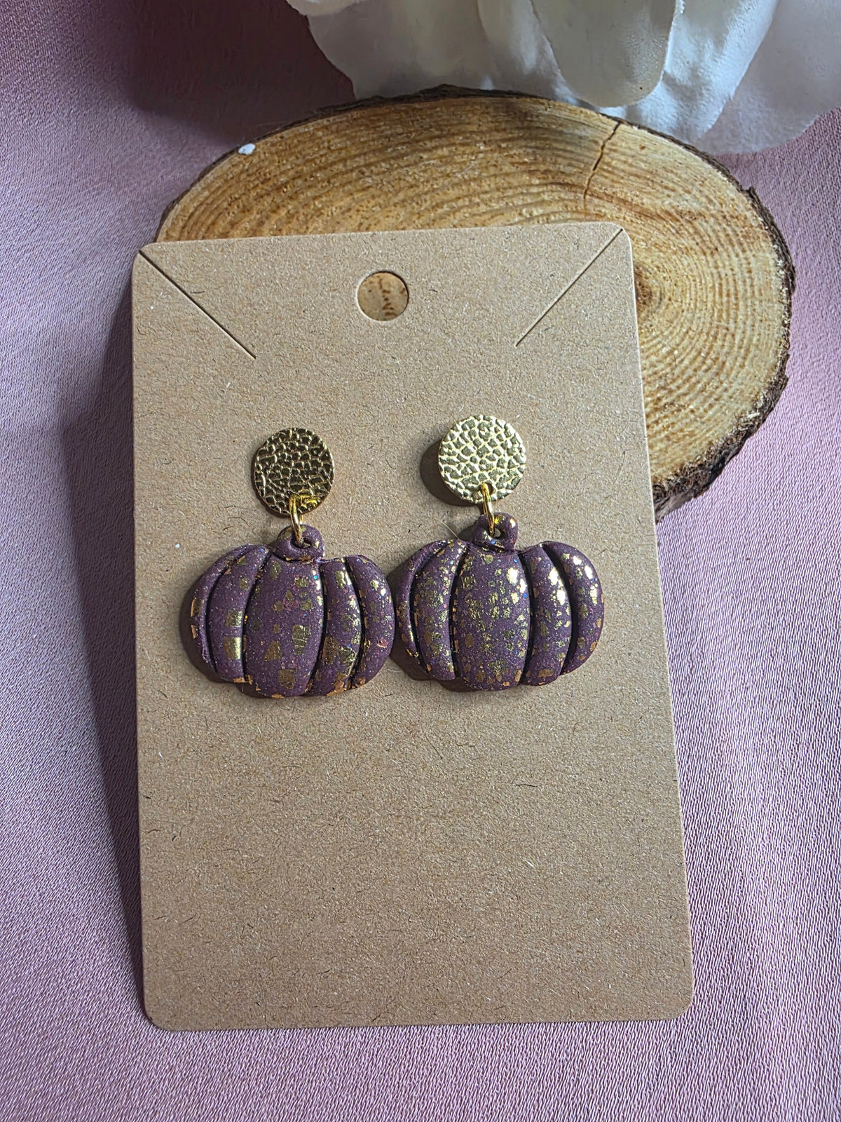 Clay Burgundy Gold Glitter Pumpkin Dangle Earrings